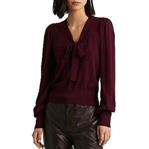 New LRL Tie Neck Puff Sleeve Cotton Modal Sweater Burgundy Medium